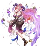  1girl anbe_yoshirou ass blush breasts cleavage curled_horns fire_emblem fire_emblem_heroes floating floating_object frilled_sleeves frills fur_trim gloves goat_horns hair_ornament highres horns large_breasts long_hair multicolored_hair nerthuz_(fire_emblem) nerthuz_(new_year)_(fire_emblem) non-web_source official_art origami paper_crane pink_hair ponytail purple_eyes solo third-party_source torn_clothes two-tone_hair very_long_hair 