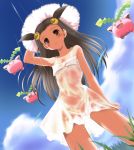 1girl blouse blush brown_eyes brown_hair dress flat_chest grass gym_leader hat hoppip mikan_(pokemon) no_panties photoshop pokemon pussy see-through sky uncensored upskirt wet_clothes wet_dress 