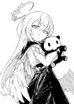  1girl :t absurdres azusa_(blue_archive) blue_archive greyscale halo hayashi_itsuki highres holding holding_stuffed_toy long_hair long_sleeves looking_at_viewer low_wings monochrome pout simple_background skirt solo stuffed_animal stuffed_toy white_background wings 