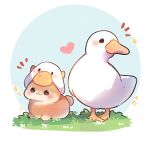  :3 animal animal_focus artist_name bird brown_eyes brown_rabbit closed_mouth cremechii duck english_text friends grass hat heart no_humans original outdoors rabbit simple_background sparkle watermark white_background 