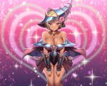  1girl akina_t bell blonde_hair blue_headwear blush breasts cleavage cosplay dark-skinned_female dark_magician_girl dark_magician_girl_(cosplay) dark_skin dress hands_on_own_thighs hat heart highres jingle_bell large_breasts looking_at_viewer low_neckline neck_bell off-shoulder_dress off_shoulder original pink_eyes short_hair smile solo vambraces wizard_hat yu-gi-oh! 