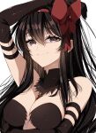  1girl akemi_homura akuma_homura armpits bare_shoulders black_gloves black_hair bow breasts elbow_gloves gloves hair_bow hairband highres light_particles mahou_shoujo_madoka_magica mahou_shoujo_madoka_magica:_hangyaku_no_monogatari medium_breasts misteor purple_eyes red_hairband smile white_background 