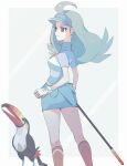  1girl bird blue_eyes blue_hair blue_headwear blue_shirt blue_skirt buttons collared_shirt flipped_hair golf_club holding holding_golf_club kahili_(pokemon) kneehighs light_blue_hair long_hair mole mole_under_eye mxkjxm_(nhss2337) orange_socks pokemon pokemon_(creature) pokemon_sm shirt short_sleeves skirt socks striped striped_shirt toucan toucannon visor_cap white_shirt z-ring 