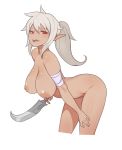 areolae bad_id bad_pixiv_id bandaged_arm bandages bent_over breasts dagger dark_skin elf grey_hair highres kim_jin_sung large_areolae large_breasts long_hair looking_at_viewer mole mole_on_breast mole_under_eye mole_under_mouth nipples nude open_mouth original pointy_ears ponytail puffy_nipples red_eyes solo weapon white_background 