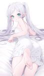  1girl barefoot bed_sheet deyui dress earrings elf feet frieren green_eyes highres jewelry long_hair looking_at_viewer looking_back lying on_bed on_stomach open_mouth pointy_ears simple_background sleeveless soles solo sousou_no_frieren thick_eyebrows toes twintails white_background white_dress 