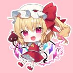  1girl :d blonde_hair blush bow chibi commentary_request crystal eyelashes eyes_visible_through_hair fang flandre_scarlet frilled_shirt_collar frilled_skirt frills hair_between_eyes hair_bow happy hat laevatein_(touhou) long_hair looking_at_viewer mary_janes mob_cap open_mouth pink_background pointy_ears puffy_short_sleeves puffy_sleeves red_bow red_eyes red_footwear red_skirt red_vest shirt shoes short_sleeves side_ponytail simple_background skirt smile solo touhou usushio vest white_headwear white_shirt wings 