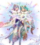  2girls ahoge aqua_eyes ball breasts bubble crystal cuboon fire_emblem fire_emblem_heroes forehead_jewel full_body glowing heidr_(fire_emblem) highres holding holding_ball japanese_clothes jewelry kimono large_breasts long_sleeves looking_to_the_side multicolored_hair multiple_girls non-web_source obi official_alternate_costume official_art open_mouth parted_lips purple_hair sandals sash second-party_source seidr_(fire_emblem) seidr_(new_year)_(fire_emblem) short_hair simple_background smile solo tabi teeth white_background yellow_eyes 
