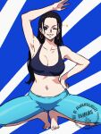  1girl alternate_breast_size armpits barefoot black_hair blue_eyes breasts cleavage earrings feet full_body highres jewelry light_smile long_hair midriff navel nico_robin one_eye_closed one_piece pants solo sports_bra star_(symbol) stretching tiptoes toes yoga_pants 