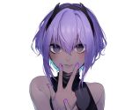  bangs bare_shoulders black_hairband daimaou_ruaeru dark_skin eyebrows_visible_through_hair fate/prototype fate/prototype:_fragments_of_blue_and_silver fate_(series) hairband hassan_of_serenity_(fate) highres lips looking_at_viewer nail_polish own_hands_together purple_eyes purple_hair purple_nails shiny shiny_hair short_hair simple_background sleeveless solo upper_body v white_background 