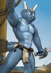 absurd_res anthro aquatic_dragon belt blind_eye blue_body blue_eyes bottomwear bulge cheek_fins clothing cutlass detailed_background digital_media_(artwork) dragon fin genital_outline hi_res horn huge_filesize loincloth loincloth_only looking_at_viewer male marine melee_weapon muscular muscular_male penis_outline sailor scalie scar ship smaller_version_at_source smile smiling_at_viewer solo sword tail tail_fin tuubi vehicle watercraft weapon