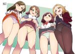  4girls :d blonde_hair blush brown_eyes brown_hair chichibu_(watson) clothes_lift commentary_request eyelashes from_below hair_ornament highres jacket knees lass_(pokemon) lifted_by_self long_hair looking_down multiple_girls open_clothes open_jacket open_mouth orange_skirt panties pantyhose pleated_skirt pokemon pokemon_dppt pokemon_lgpe pokemon_oras pokemon_swsh raised_eyebrows shirt short_sleeves skirt skirt_lift smile smug striped striped_panties swept_bangs underwear vest white_shirt x_hair_ornament yellow_panties 