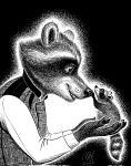 2023 anthro black_and_white black_background claws clothed clothing duo feral fur guardians_of_the_galaxy hi_res holding_character long_sleeves looking_at_another male mammal marvel monochrome nikraccoom procyonid raccoon rocket_raccoon shirt side_view signature simple_background size_difference smile topwear tuft vest