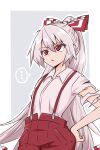  ... 1girl border bow collared_shirt commentary cross-eyed frown fujiwara_no_mokou grey_background hair_between_eyes hair_bow hand_on_own_hip long_hair open_mouth outline pants ponytail red_eyes red_pants shio_(futatsumami) shirt short_sleeves solo spoken_ellipsis suspenders symbol-only_commentary torn_clothes touhou upper_body very_long_hair white_border white_hair white_outline white_shirt 