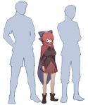  2boys boots bow breasts cape commentary faceless faceless_male hair_bow height_difference large_breasts multiple_boys red_eyes red_hair sekibanki silhouette touhou urin white_background 