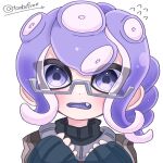 1girl artist_name blush commentary dot_nose fang glasses highres looking_at_viewer medium_hair octoling octoling_girl open_mouth purple_eyes purple_hair simple_background solo splatoon_(series) teeth tentacle_hair tonbofree twitter_username upper_body white_background 