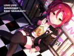  \||/ alternate_hairstyle black_jacket black_legwear bow bracelet candy character_name checkered checkered_floor copyright_name dutch_angle food goroo_(eneosu) hair_between_eyes hair_ornament hairclip highres jacket jewelry knees_together_feet_apart licking_lips lollipop long_sleeves looking_at_viewer love_live! love_live!_school_idol_festival love_live!_sunshine!! miniskirt orange_hair plaid plaid_skirt print_shirt red_hair sakurauchi_riko shirt side_ponytail sitting_on_floor skirt smile solo thighhighs tongue tongue_out 