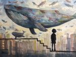  1girl artist_name building city cloud cloudy_sky fantasy flying_whale keishi_(pixiv_1245064) original outdoors painting_(medium) short_hair silhouette sky solo standing traditional_media watercolor_(medium) whale 