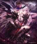  armor armored_boots army asymmetrical_clothes battlefield boots bracer cloud cloudy_sky commentary_request copyright_name cygames dark_jeanne dark_persona demon_wings feathers gloves glowing glowing_eyes hair_ornament highres hisakata_souji holding holding_sword holding_weapon long_hair looking_at_viewer pale_skin red_eyes shadowverse shingeki_no_bahamut single_glove skeleton sky sword weapon white_hair wings 