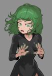  1girl black_dress breasts collarbone cowboy_shot d: dress green_eyes green_hair grey_background highres long_sleeves looking_down medium_hair mogglebear one-punch_man open_mouth simple_background small_breasts solo tatsumaki 