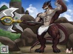 5_fingers abs anthro biped claws countershade_face countershade_tail countershade_torso countershading dragon fingers genitals hi_res holding_object holding_weapon male masterelrest muscular muscular_anthro muscular_male pecs penis qr_code scalie solo tail vein veiny_penis weapon