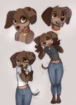 2024 anthro barefoot blep brown_body brown_eyes brown_fur brown_spots canid canine canis clothed clothing collar digital_media_(artwork) domestic_dog eyes_closed feet female floppy_ears fully_clothed fur gloves_(marking) hi_res mammal markings midriff multiple_poses open_mouth open_smile pose simple_background smile solo spots spotted_body spotted_fur tail tail_motion tailwag tongue tongue_out yshanii