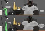 anthro bat black_body black_fur bodily_fluids bottle cigar clothed clothing container dialogue duo fur hi_res hybrid ivory-dove lamp leaf-nosed_bat male male/male mammal manly mature_male microbat murid murine muscular muscular_male musk overweight overweight_male rat rodent shirt size_difference smoking speech_bubble sweat t-shirt tail topwear vampire_bat yangochiropteran