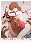  1980s_(style) 1boy 1girl 2024 blue_eyes breasts brown_hair celebration choujikuu_seiki_orguss commentary_request dated dinosaur emaan english_text green_eyes happy_new_year highres jabby looking_at_viewer mikimoto_haruhiko_(style) mimsy_raas official_style orguss reptile retro_artstyle riding science_fiction swimsuit tongue waeba_yuusee 