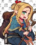  1girl belt_pouch blonde_hair blue_capelet brown_bag capelet dungeon_meshi elf green_eyes highres holding holding_stick long_hair looking_at_viewer marcille_donato pointy_ears pouch red_ribbon ribbon satanmanse stick very_long_hair white_background worried 