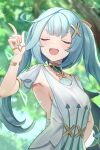  1girl aqua_hair blurry blurry_background breasts commentary_request facing_viewer faruzan_(genshin_impact) genshin_impact hair_ornament highres jewelry long_hair open_mouth pointing pointing_up ring sera_narumu small_breasts smug solo twintails upper_body v-shaped_eyebrows x_hair_ornament 