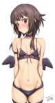  1girl :&lt; arms_behind_back bikini black_hair black_thighhighs blush breasts collar dated eyebrows_hidden_by_hair fake_wings frilled_bikini frills fujikawa_daichi kono_subarashii_sekai_ni_shukufuku_wo! looking_at_viewer megumin midriff navel red_eyes short_hair short_hair_with_long_locks signature simple_background small_breasts solo sweatdrop swimsuit thighhighs white_background wings 