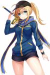  ahoge artoria_pendragon_(all) baseball_cap black_hat black_shorts blonde_hair blue_eyes blue_jacket blue_scarf blush closed_mouth fate_(series) harimoji hat himitsucalibur holding holding_sword holding_weapon jacket long_sleeves looking_at_viewer mysterious_heroine_x ponytail rojiura_satsuki:_chapter_heroine_sanctuary scarf short_hair shorts simple_background smile solo standing sword track_jacket weapon white_background 