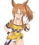  1girl adapted_costume animal_ears bare_shoulders brown_hair collarbone commentary cosplay daitaku_helios_(umamusume) daitaku_helios_(umamusume)_(cosplay) dictus_striker ear_piercing fukuro_(maruaru00) highres horse_ears horse_girl jewelry light_brown_hair long_hair micro_shorts middle_finger off_shoulder orange_eyes pendant piercing shirt shorts side_ponytail sidelocks sideways_glance simple_background solo tied_shirt torn_clothes torn_shorts umamusume umamusume:_cinderella_gray white_background white_shorts wristband 