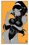  1girl bare_shoulders black_leotard bleach border breasts cheesecakes_by_lynx dark-skinned_female dark_skin english_commentary highres leotard long_hair looking_at_viewer medium_breasts partially_colored ponytail shihouin_yoruichi smile solo thighs white_border yellow_eyes 
