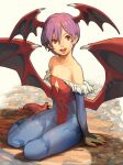  1girl :d animal_print arm_support artist_request bare_shoulders bat_print bat_wings breasts bridal_gauntlets collarbone commentary_request covered_navel demon_girl diamond_cutout flat_chest full_body head_wings highres leotard lilith_aensland looking_at_viewer official_art outdoors pantyhose print_pantyhose purple_hair red_eyes red_leotard short_hair smile solo teeth upper_teeth_only vampire_(game) watermark wings 