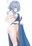  1girl ako_(blue_archive) ako_(dress)_(blue_archive) backless_dress backless_outfit blue_archive blue_dress blue_hair blue_halo breasts clothes_lift dress hairband halo lifted_by_self navel no_panties official_alternate_costume osanpo02 plunging_neckline sideboob sideless_dress single_handcuff skirt skirt_lift sleeveless sleeveless_dress standing white_background 