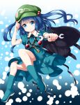  adjusting_clothes adjusting_hat backpack bag black_background black_backpack blue_background blue_eyes blue_footwear blue_hair blue_shirt blue_skirt blush boots commentary_request eyebrows_visible_through_hair gradient gradient_background green_hat hair_bobbles hair_ornament hat highres holding_wrench kawashiro_nitori key looking_at_viewer pouch puffy_short_sleeves puffy_sleeves ruu_(tksymkw) shirt short_hair short_sleeves skirt smile solo touhou two_side_up white_background 