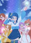  1boy 4girls ahoge akizora_(aki_precure) aqua_eyes arm_up asymmetrical_bangs blue_eyes blue_hair blue_shirt blue_skirt blue_theme bow brown_hair carrying child_carry closed_mouth commentary cut_bangs dress earrings english_commentary green_eyes grin hair_bun hair_over_one_eye hair_ribbon highres hijiri_ageha hirogaru_sky!_precure holding hood hood_down hoodie jacket jewelry long_hoodie long_sleeves looking_at_viewer medium_hair miniskirt mixed-language_commentary multiple_girls night night_sky nijigaoka_mashiro one_eye_closed open_mouth outdoors pink_hair pink_jacket precure purple_eyes purple_hair purple_hoodie red_eyes ribbon shirt short_dress short_hair short_sleeves side_ponytail single_hair_bun single_sidelock skirt sky sky_mirage smile sora_harewataru standing star_(sky) starry_sky stud_earrings t-shirt two_side_up v-neck white_bow white_dress yellow_ribbon yellow_shirt yuunagi_tsubasa 