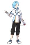  1boy artist_name black_pants blue_hair blue_trim capelet commentary english_commentary fingerless_gloves fire_emblem fire_emblem_fates flamingo_(eme324) full_body gloves hair_over_one_eye highres holding holding_poke_ball looking_at_viewer male_focus medium_hair pants poke_ball poke_ball_(basic) pokemon shigure_(fire_emblem) simple_background smile solo standing teeth twitter_username white_background white_capelet white_footwear white_gloves yellow_eyes 
