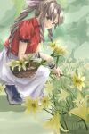  1girl aerith_gainsborough bangle basket boots bracelet braid braided_ponytail brown_hair cropped_jacket dress final_fantasy final_fantasy_vii final_fantasy_vii_remake flower flower_basket full_body garden grass green_eyes hair_ribbon holding holding_basket holding_flower jacket jewelry lily_(flower) long_dress long_hair looking_at_viewer open_mouth outdoors parted_bangs pink_dress pink_ribbon pulupulupoodle red_jacket ribbon short_sleeves sidelocks smile solo squatting yellow_flower 