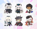  1girl 5boys animal animal_ear_fluff animal_ears arknights bag bespectacled black_cape black_capelet black_dress black_hair black_headwear black_jacket black_shorts black_suit blonde_hair blue_background blue_eyes blue_necktie brown_scarf cape capelet card cat cat_boy cat_ears chibi christine_(arknights) commentary_request dark-skinned_male dark_skin dress ears_through_headwear elysium_(arknights) elysium_(snowy_echo)_(arknights) executor_(arknights) executor_(titleless_code)_(arknights) fanny_pack full_body fur-trimmed_cape fur-trimmed_capelet fur_trim glasses gradient_background grey_hair gun halo hand_fan hat holding holding_bag holding_card holding_fan holding_gun holding_umbrella holding_weapon id_card jacket jewelry leopard_boy leopard_ears leopard_girl leopard_tail light_smile looking_at_viewer multicolored_background multicolored_clothes multicolored_hair multicolored_jacket multiple_boys necklace necktie official_alternate_costume one_eye_closed pants phantom_(arknights) phantom_(dream_within_a_dreammare)_(arknights) pink_background playing_card ponytail pramanix_(arknights) pramanix_(caster&#039;s_frost)_(arknights) red_cape red_hair red_necktie scarf shirt shorts silverash_(arknights) silverash_(york&#039;s_bise)_(arknights) soppos suit t-shirt tail thorns_(arknights) thorns_(comodo)_(arknights) two-sided_cape two-sided_fabric two-tone_jacket umbrella weapon white_cat white_jacket white_pants white_shirt wings yellow_eyes 