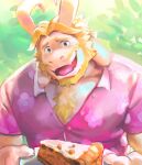  1boy animal_ears asgore_dreemurr blonde_hair blue_eyes chest_hair facial_hair fangs floppy_ears floral_print food furrowed_brow furry furry_male goat_boy goat_ears goat_horns holding holding_plate horns looking_at_viewer male_focus pie pink_shirt plant plate saltypoundcake shirt smile solo undertale 