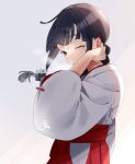  1girl alternate_costume black_hair braid grey_background hair_ribbon hakama japanese_clothes kantai_collection kimono kitakami_(kancolle) long_hair long_sleeves looking_at_viewer one_eye_closed oriharaizaya819 parted_lips red_hakama ribbon signature simple_background single_braid solo white_kimono white_ribbon wide_sleeves 