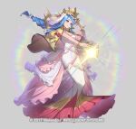  1girl blue_eyes blue_hair dress essual_(layer_world) fire_emblem fire_emblem_engage fire_emblem_heroes full_body gold_crown looking_at_viewer lumera_(fire_emblem) multicolored_clothes official_alternate_costume official_art solo white_dress 