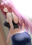  1girl alternate_costume ass bare_shoulders black_shirt blue_pants breasts casual closed_mouth commentary_request denim engo_(aquawatery) fate/grand_order fate_(series) floating_hair from_behind hair_between_eyes hair_intakes highres jeans large_breasts lips long_hair looking_at_viewer midriff pants pink_lips purple_hair red_eyes scathach_(fate) shirt sleeveless sleeveless_shirt smile solo 
