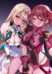  2girls bare_shoulders black_gloves blonde_hair blush bodysuit breasts cleavage cleavage_cutout clothing_cutout covered_navel dress fingerless_gloves gloves highres large_breasts looking_at_viewer matrix16 multiple_girls mythra_(xenoblade) pyra_(xenoblade) red_bodysuit red_eyes red_hair revealing_clothes tiara v white_dress white_gloves xenoblade_chronicles_(series) xenoblade_chronicles_2 yellow_eyes 