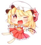  1girl 2019 ascot blonde_hair blush chibi chinese_zodiac clenched_hands fang flandre_scarlet frilled_ascot frilled_shirt_collar frilled_skirt frills hat highres kokochi looking_at_viewer medium_hair mob_cap multicolored_wings one_eye_closed one_side_up open_mouth red_eyes red_skirt red_vest shirt short_sleeves skirt solo teeth touhou upper_teeth_only vest white_headwear white_shirt wings year_of_the_pig 