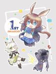  1other 2girls amiya_(arknights) animal_ear_fluff animal_ears anniversary arknights arms_up ascot black_footwear black_gloves black_jacket black_pantyhose blue_ascot blue_eyes blue_jacket blue_skirt border bottle brown_hair cat_ears cat_girl chibi closed_mouth commentary_request confetti doctor_(arknights) dress english_text frown full_body gloves green_dress green_eyes grey_background grey_hair hood hooded_jacket jacket jumping kal&#039;tsit_(arknights) kicking looking_at_viewer mask multiple_girls one_eye_closed open_mouth outline pantyhose plaid plaid_skirt rabbit_ears rabbit_girl see-through see-through_coat shirt simple_background skirt smile soppos white_shirt 