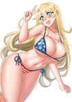  1girl absurdres american_flag_bikini bikini blonde_hair blue_eyes breasts cleavage collarbone commission english_commentary feet_out_of_frame flag_print highres iowa_(kancolle) kantai_collection katou_shinobu large_breasts long_hair mixed-language_commentary pixiv_commission side-tie_bikini_bottom smile solo star-shaped_pupils star_(symbol) swimsuit symbol-shaped_pupils teeth v 