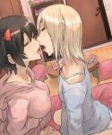  2girls black_hair blonde_hair blush book bookshelf breasts closed_eyes door duplicate flat_chest holding_hands incest interlocked_fingers kiss large_breasts multiple_girls off-shoulder_shirt off_shoulder original pepe_(jonasan) pillow pixel-perfect_duplicate shirt siblings sisters table yuri 