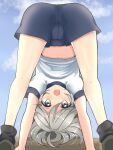  1girl black_socks blue_shorts blue_sky blue_trim commentary_request day flat_chest flexible genderswap genderswap_(otf) grey_eyes grey_hair gym_uniform highres houlen_yabusame len&#039;en light_particles navel open_mouth ougi_hina shirt short_hair short_sleeves shorts sky socks solo white_shirt 